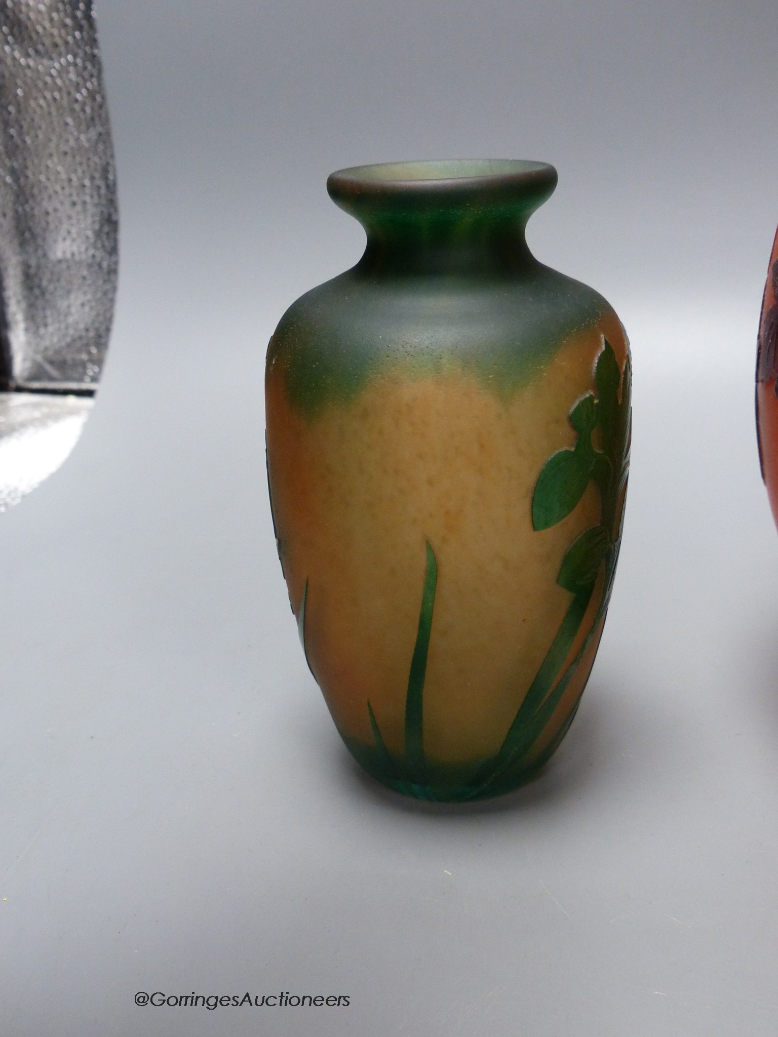 A Galle style glass vase and another similar vase, unsigned, tallest 25cm